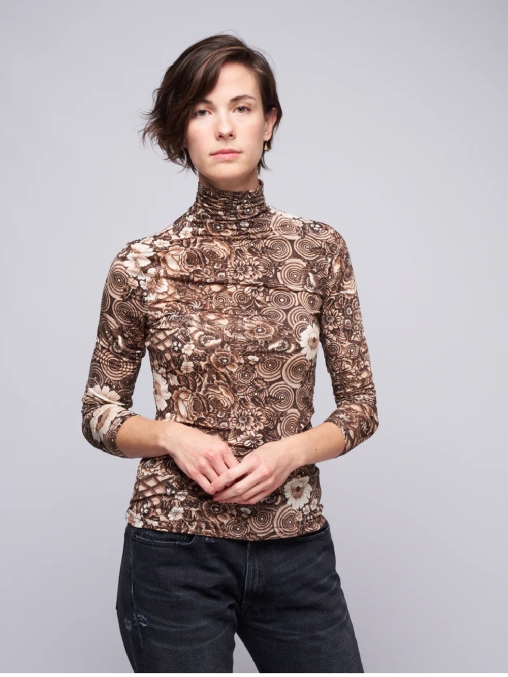 Ulla Johnson Aurelia Turtleneck Top Large Floral Teak Brown Mesh Romantic - Picture 3 of 12